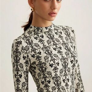 Damask Print Mock Neck Long Sleeve Shirt